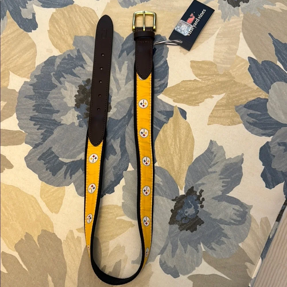 Vineyard Vines Yellow Ribbon Leather-Trim Belt with Team Medallions